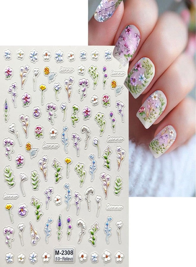 VOTACOS Flower Nail Art Stickers 5D Embossed Flower Nail Decals Spring Summer 3D Self Adhesive Daisy Lavender Nails Decoration Supplies for Women Nails Design - Image 3